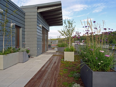 moderní terasa po realizaci, terasa u bytu, zlená střecha s květináči