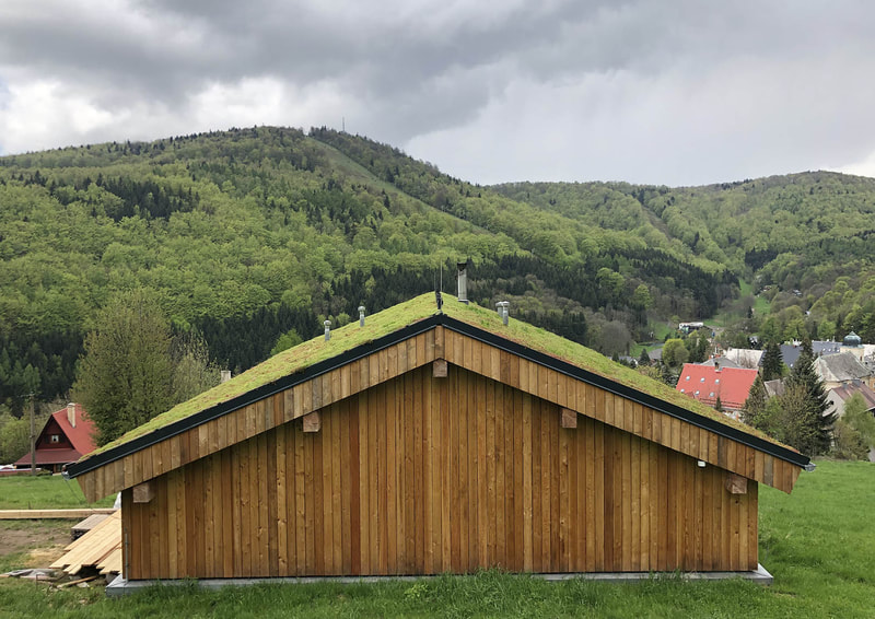 chata na horách - zelená střecha